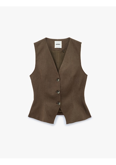 Koton Keten Karışımlı Slim Fit Düğmeli V Yaka Yelek Kahverengi 6sak20067pw Kahve