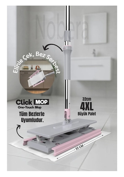 Nobera Click Mop Kıskaçlı Sıkıştırmalı Mop Tüm Bezlere Uyumlu, 360 Hareketli Başlık, 8 Bez Hediye