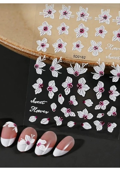 Lexroo 5d Çiçek Desenli Tırnak Sticker, Nail Art Süsleme, Beyaz Ve Pembe Renk, Sweet Flower Serisi