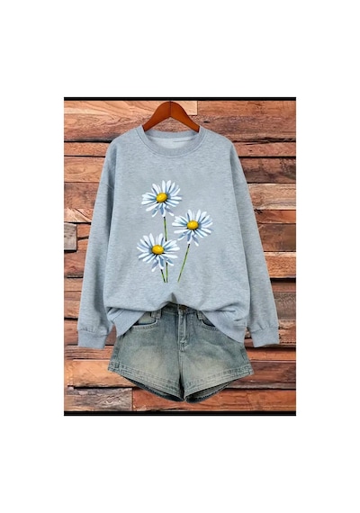 Medinenur Papatya Baskılı Bisiklet Yaka Sweatshirt Gri