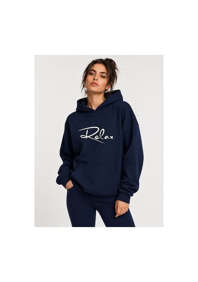 Herkesemoda Relax Baskılı Kapüşonlu 2 İplik Şardonlu Sweatshirt Lacivert