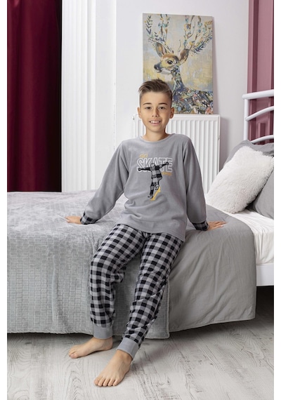 Yeni Sezon Sonbahar/kış Erkek Çocuk Skate Desenli Polar Pijama Takımı 4515-gri Gri