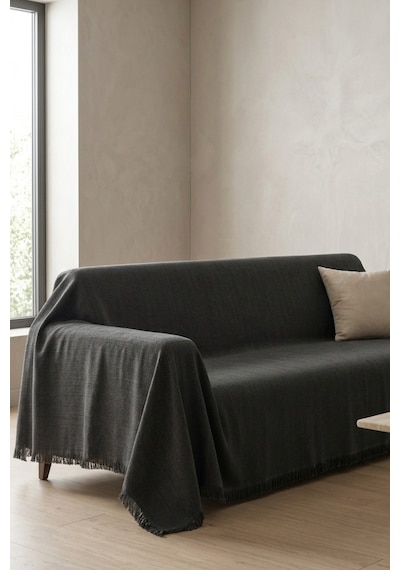 İskandinav Dokulu Pamuklu Saçaklı Koltuk Örtüsü Ve Koltuk Şalı Kaymaz Terletmez 180x300 Cm Antrasit
