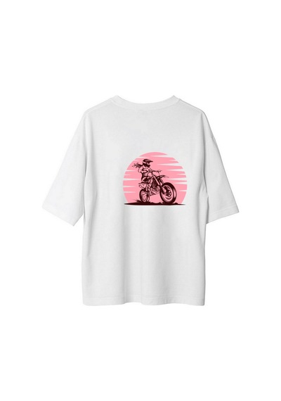Paybuy Kadın Oversize Motokros Pilot Baskılı Kısa Kollu Tişört %100 Pamu