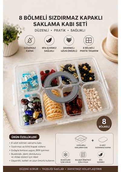 8 Bölmeli Kapaklı Kulplu Sızdırmaz Saklama Kabı Seti - Çok Amaçlı Çerezlik Kahvaltılık Yemeklik Set Gri - Beyaz