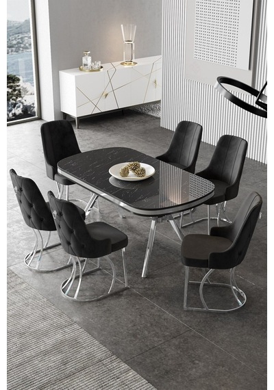 Canisa Epal Serisi 90x168 Lak Panel Siyah Mermer Desen Krom Ayaklı Masa Takımı Ve 6 Siyah Sandalye Masa Siyah Mermer Desen Sandalye Siyah Canisa Epal Serisi 90x168 Lak Panel Siyah Mermer Desen Krom Ayaklı Masa Takımı Ve 6 Siyah Sandalye Masa Siyah Mermer Desen Sandalye Siyah