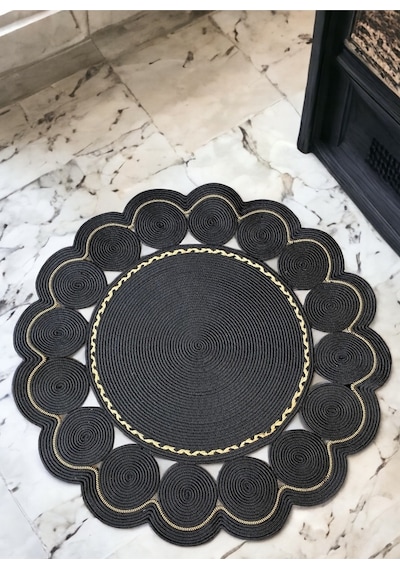 Mavaux Daisy Özel Üretim Jüt El Dokuması Kilim Siyah