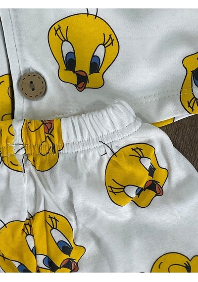 Kruvaze Yaka Önden Düğmeli Rahat Kalıp Yazlık Unisex Bebek Pijama Takımı %100 Pamuk 4bb2 Beyaz