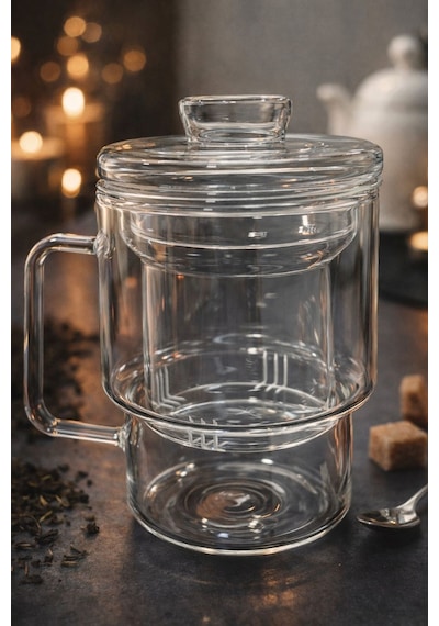 Qerhome Borosilikat Cam Süzgeçli Cam Kapaklı Bitki Çayı Kupası 450 Ml Şeffaf