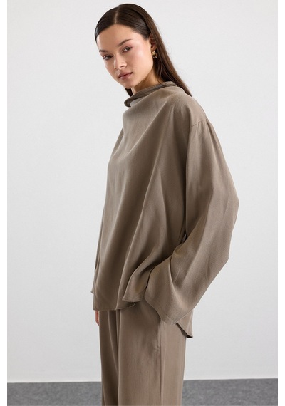 Olcay Degaje Yaka Oversize Pantolon Bluz İkili Takım Haki 9483-tk