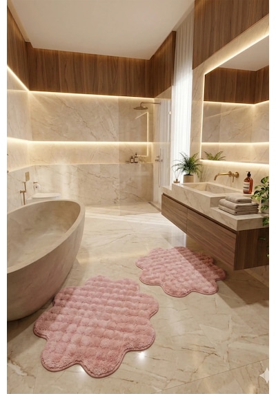 Villadia Home Textile Bubble Papatya Set Banyo Paspası 2'li Set Pofuduk Yumuşak Peluş Kaymaz Taban Yıkanabilir Dekoratif Banyo Halısı Paspası Pembe