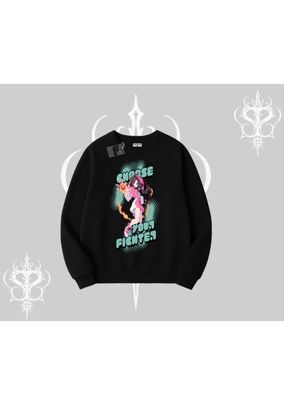 Biskilet Sweatshirt Oversize Anime Kız Desenli Japon Stil Siyah