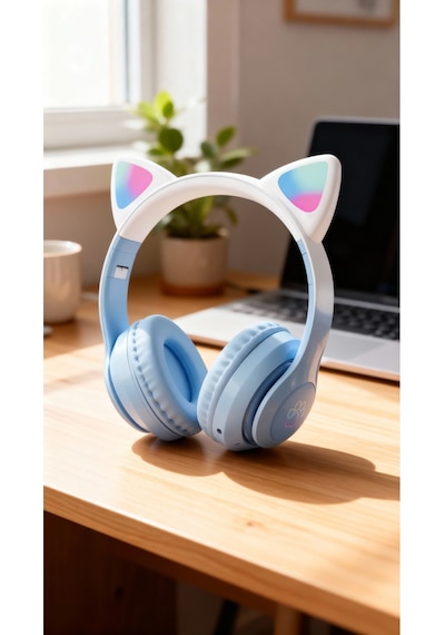 Çocuklar İçin Rgb Işıklı Kedi Kulaklı Bluetooth Kulaklık Yumuşak Tablet Telefon Uyumlu
