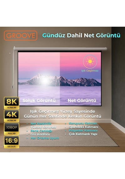 Groove Vizio Pro 120 Inch Blackout Işık Geçirmez Elektrikli Otomatik Kumandalı Projeksiyon Perdesi 265x150cm +motorlu+canlı Renkler+göz Koruması+leke Tutmaz Projector