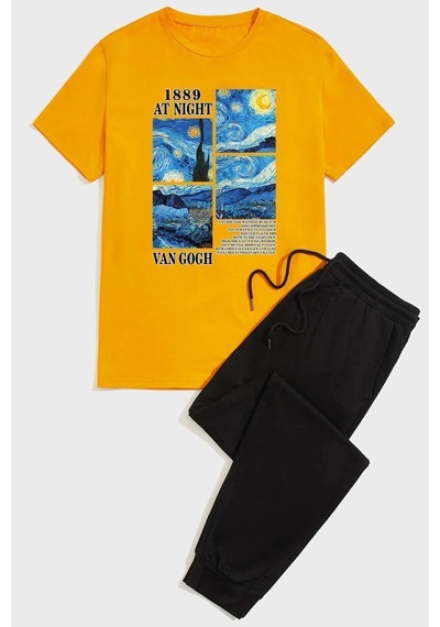Uyguntarz Unisex Van Gogh Baskılı Eşofman Takımı Turuncu
