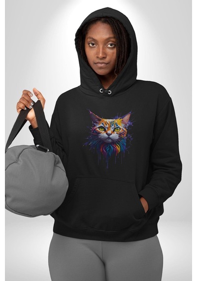 Şimşek Yağmur Kedi Kadın Erkek Siyah Kapüşonlu Sweatshirt Hoodie Siyah