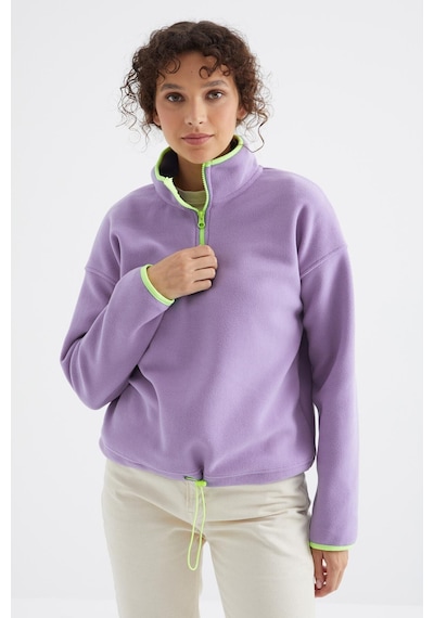 Tommy Life Açık Eflatun Yarım Fermuar Etek Ucu Büzgülü Dik Yaka Oversize Kadın Polar Sweatshirt - 97234 Eflatun
