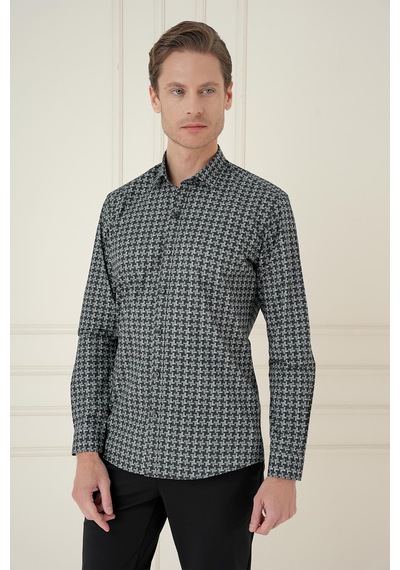 Efor Slim Fit Kazayağı Desenli %100 Pamuk Casual Gri Gömlek G 1585 Gri