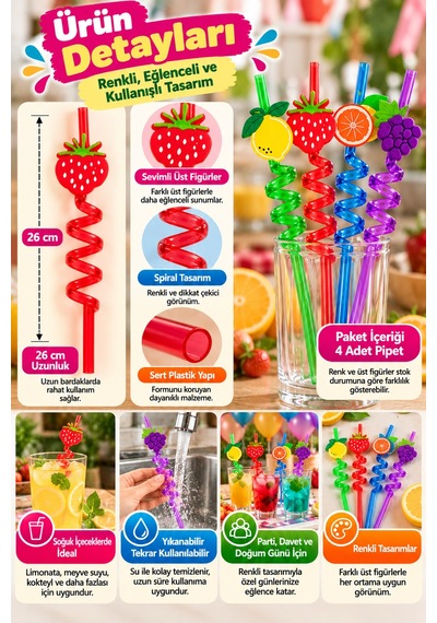 4'lü Renkli Spiral Pipet 26 Cm Sert Plastik Yıkanabilir Tekrar Kullanılabilir Parti İçecek Pipeti Xl