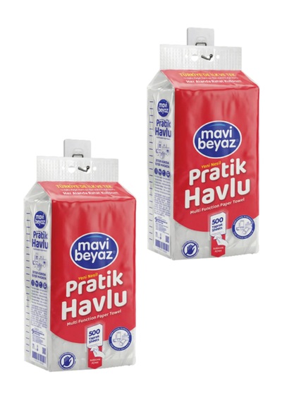 Mavi Beyaz Pratik Havlu 2 Adet 500 + 500 Yaprak - Yeni Nesil Çok Amaçlı Kağıt Havlu Asma Aparatı Hediyeli