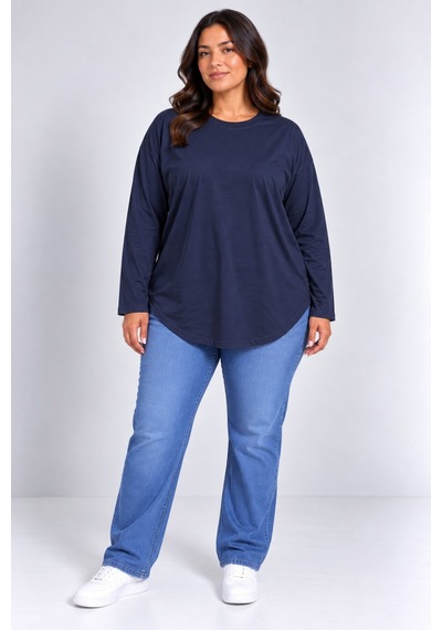 Superlife Süperlife Kadın Büyük Beden Bisiklet Yaka Süprem İnce Uzun Kollu Oval Etek Uçlu Tunik Tişört Spr26btk992 Navy
