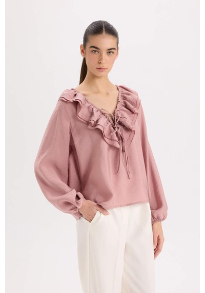 DeFacto Regular Fit Fırfırlı V Yaka Basic Düz Uzun Kollu Bluz E3393AX24WNPN429 Pembe