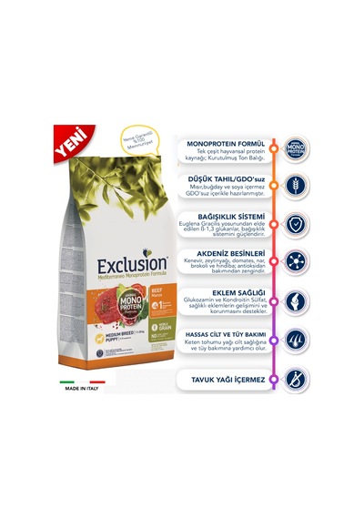 Exclusion Düşük Tahıllı Monoprotein Sığır Etli ve Narlı Yavru Köpek Maması 3 KG