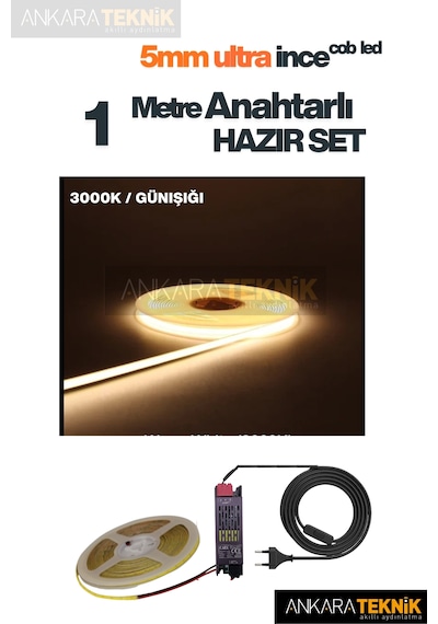 Ankara Teknik 5mm Ultra Ince Cob Şerit Led - Günışığı 12volt Tak Çalıştır Anahtarlı Set Metre Seçiniz 1 Metre