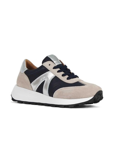Kadın Bej Lacivert Bağcıklı Süet Deri Sneaker