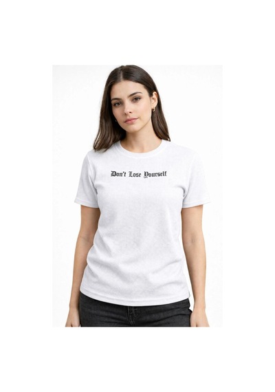 Kadın Wafıl Kumaş Tişört Regular Kalıp Bisiklet Yaka Baskılı T-shirt - Beyaz