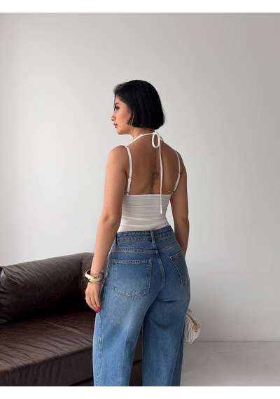 Pantofashion Dantel Detaylı Askılı Body Çıt Çıtlı Ekru