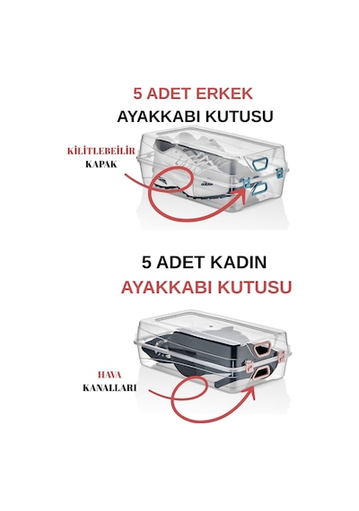 10'lu Ayakkabı Saklama Kutusu 5 Erkek 5 Kadın Kapasiteli Şeffaf
