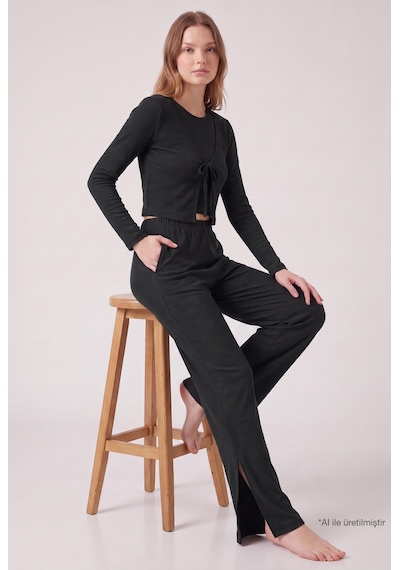 Cottonill Premium - Serene Collection Antrasit Rib Dokulu Önden Bağlamalı Viskon 3'lü Kadın Pijama Takımı