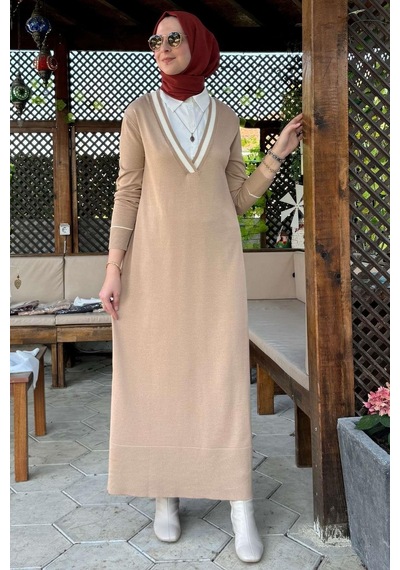 Rabia Şamlı Eylül Gömlekli Triko Elbise Bej Normal