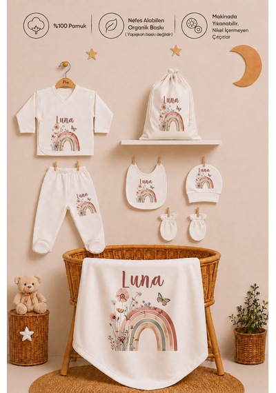 Pia Baby Kız Bebek Hastane Çıkışı Hediye Seti 8 Parça Zıbın Set %100 Pamuk Battaniye Yastık Ve Kese 1080zybkyx Krem