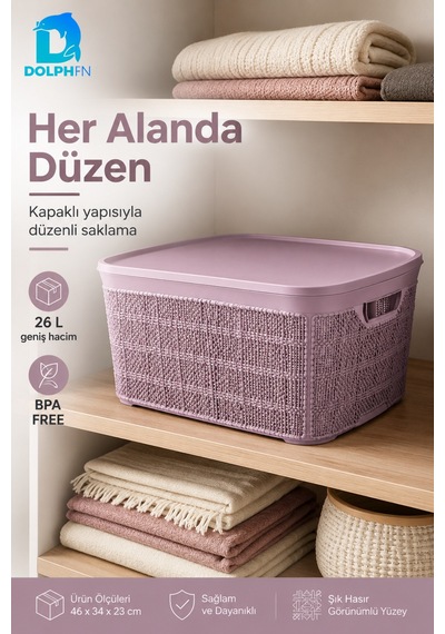 Jute Kapaklı Saklama Kutusu 26 L Plastik Mutfak Kiler Dolap İçi Organizer 46x34x23 Cm Mor