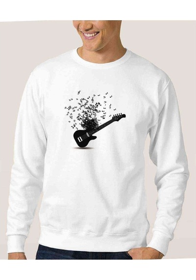 Gitar Notalar Baskılı Beyaz Erkek Örme Sweatshirt