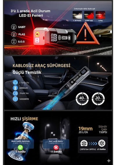 Yüksek Güç 4-in-1 Vakum Sos Işık Akü Takviye Şişirme Pompası Taşınabilir Şarj Edilebilir Otomatik Acil Ve Günlük Kullanıma Uygun Güç Cihazı
