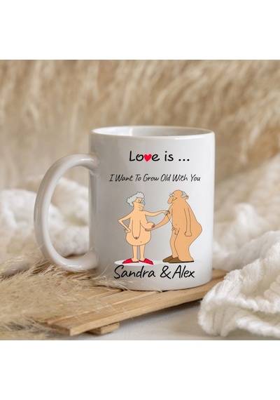 Kişiye Özel İsimli Sevgililer Günü Kupası - Love Is I Want To Grow Old With You Esprili Kupa Bardak Beyaz