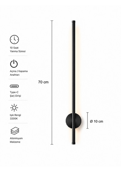 Flame Sarjlı Led Aplik 8w 3200k Gün Işığı 75cm Duvar Tipi /tablo Dekoratif Işık Siyah