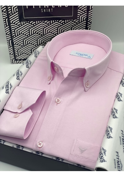 Klasik Uzun Kol Pamuklu Yaka Düğmeli Hediye Kutulu Kolay Ütülenebilir Erkek Gömlek Fs-003897 - Pembe-2677