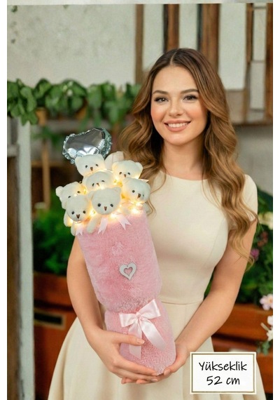 Sevgililer Gününe Özel: Deluxe Pembe Peluş Ayıcık Led Işıklı Kalp Balonlu Peluş Vazo Tasarımlı Ayıcık Buketi