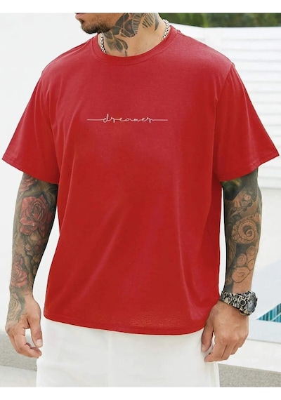 Flood Of Style Erkek Kırmızı Dreamer Baskılı Oversize Bisiklet Yaka Tshirt