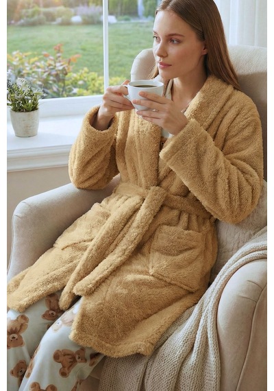 Şal Yaka Wellsoft Sabahlık & Peluş Bornoz-yumuşak, Polar Unisex Sabahlık Karamel