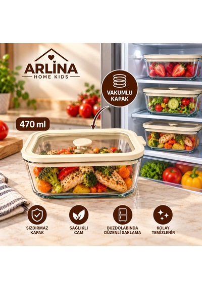 470 Ml Vakum Kapaklı Cam Saklama Kabı Krem