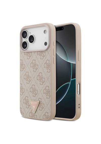 Apple iPhone Uyumlu 18 Pro Max Kılıf Guess Lisanslı M-safeli Taşlı Üçgen Logo 4g Desenli Strass Kapak Pembe