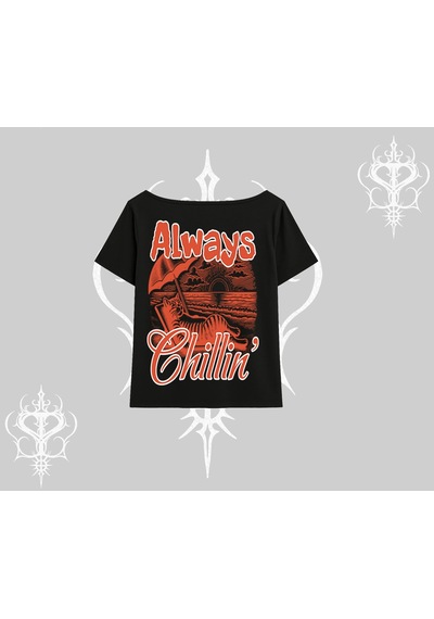 Tarzsokak Always Chillin Kedi Arka Baskılı Kayık Yaka Tshirt Siyah