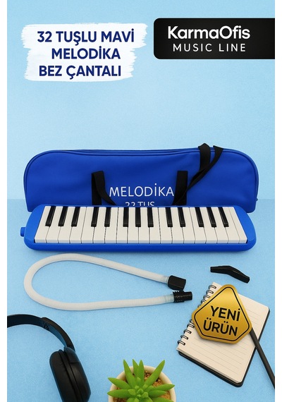 32 Tuşlu Siyah Melodika Bez Çantalı Mavi