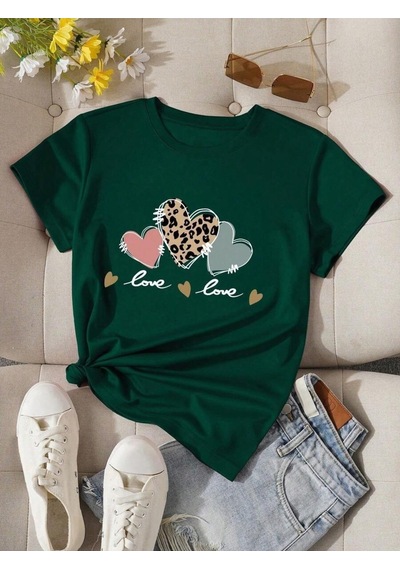 Uyguntarz Unisex Love Kalp Baskılı Tasarım Tshirt Yeşil