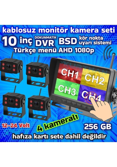 10 İnç Dvr 4 Kameralı Kablosuz Dokunmatik Ahd 1080p Bsd Kör Nokta Uyarı 12 24 Volt